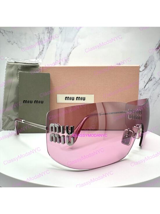 New MIU MIU Sunglasses Aube Silver Pink Mirror Rimless Wrap Authentic Womens
